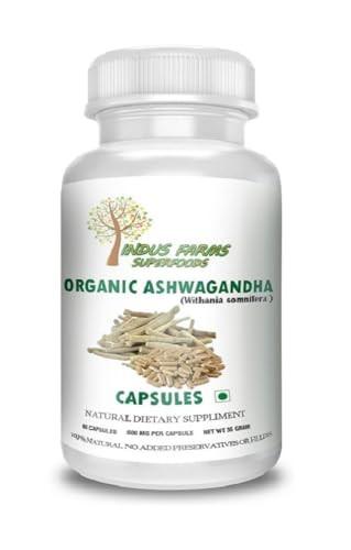 Organic Ashwagandha 60 Vegetarian 500mg each GMO-Free, Gluten Free Herbal Supplement by Indus Farms Superfoods.