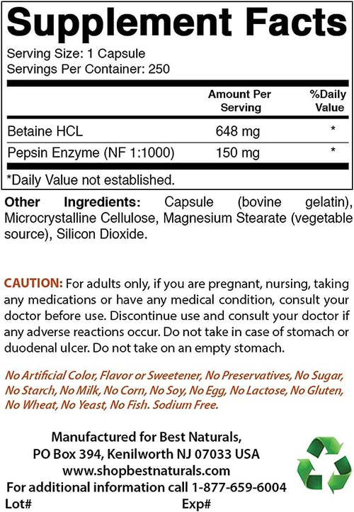 Best Naturals Betaine HCL 648mg 250 Capsules General Not specified