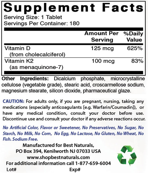 Best Naturals Vitamin K2 (MK7) with d3 5000 General Not specified