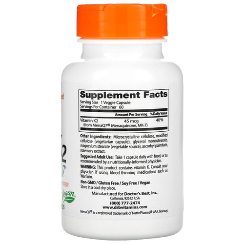 Natural Vitamin K2 MK-7 with MenaQ7 45 mcg by Doctor's Best Vitamins & Supplements Doctor's Best