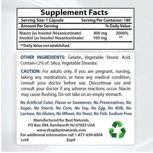 Niacin 500mg 180 Capsules by Best Naturals cardiovascular support Best Naturals