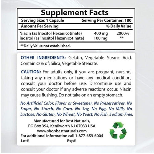 Niacin 500mg 180 Capsules by Best Naturals cardiovascular support Best Naturals