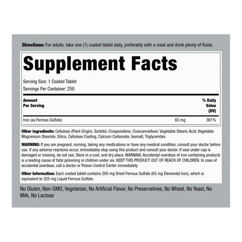 Piping Rock Iron Ferrous Sulfate 65 mg | 250 count | Iron Supplement General Piping Rock