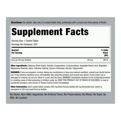 Piping Rock Iron Ferrous Sulfate 65 mg | 250 count | Iron Supplement General Piping Rock
