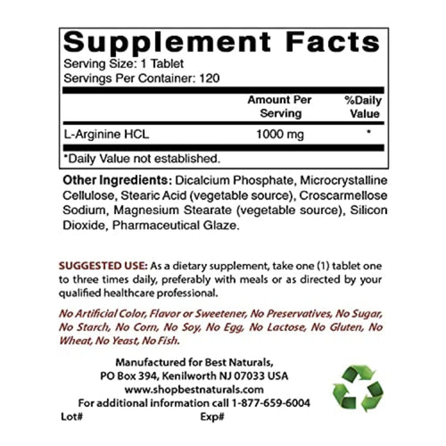 L-Arginine 1000 Mg 120 Tablets - Nitric Oxide Synthesis L-Arginine SUPPS247
