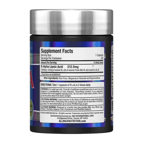 R + ALA bY AllMax, supplement facts panel and directions