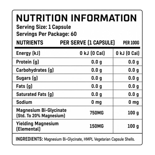 Beast Labs Magnesium Bi-Glycinate 750mg, nutrition information panel
