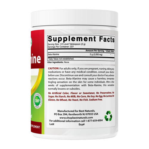 Best Naturals Beta Alanine Pure Powder 1 Pound, supplement facts panel
