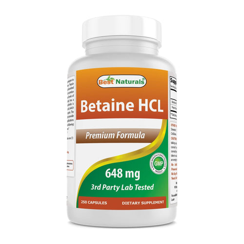 Best Naturals Betaine HCL 648mg 250 Capsules, front of bottle