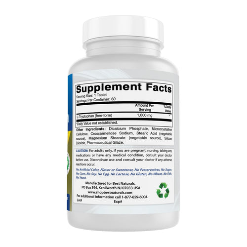 Best Naturals L-Tryptophan 1000 Mg 60 Tablets, supplement facts panel