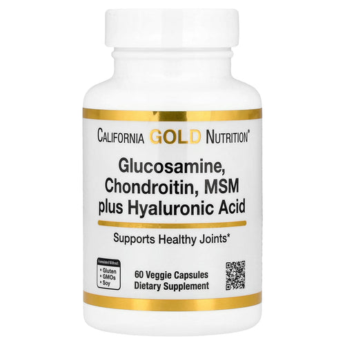 California Gold Nutrition Glucosamine, Chondroitin, MSM plus Hyaluronic Acid, 60 veggie capsules bottle, front label