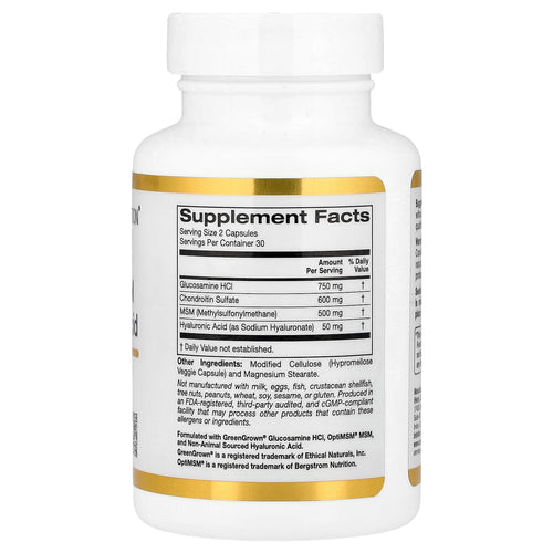 California Gold Nutrition Glucosamine Chondroitin MSM plus Hyaluronic Acid Supplement Facts: 750 mg glucosamine HCl, 600 mg chondroitin sulfate, 500 mg MSM, 50 mg hyaluronic acid per 2 capsules