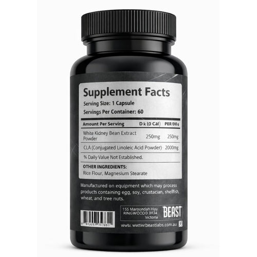 Supplement facts and ingredients label of Beast Labs Nutrition CLA supplement on white background