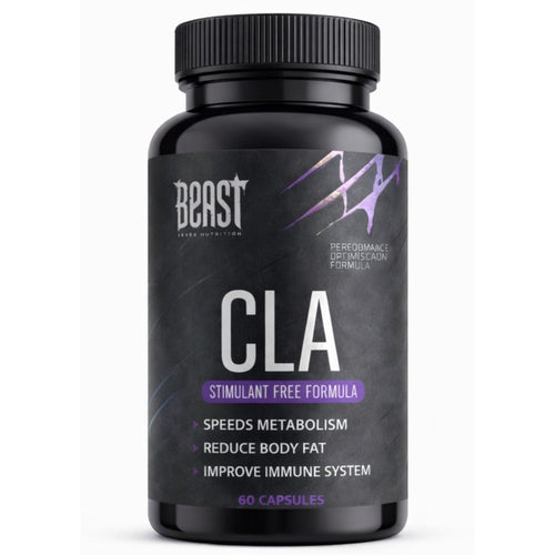 Black supplement bottle labeled 'CLA' by Beast Sports Nutrition on a white background