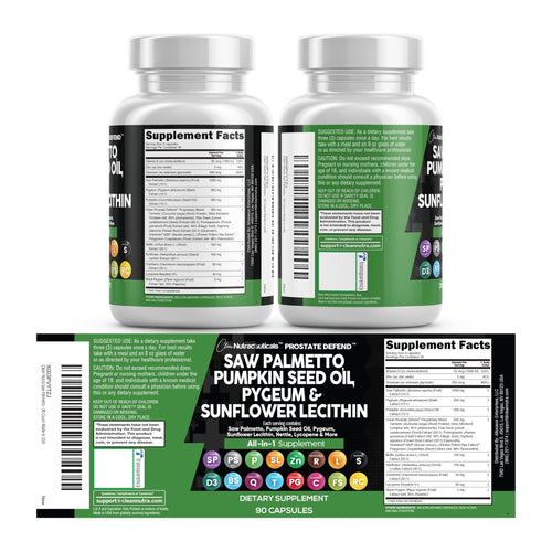 Prostate Defend by Clean Nutraceuticals, label panels (supplement facts and directions)