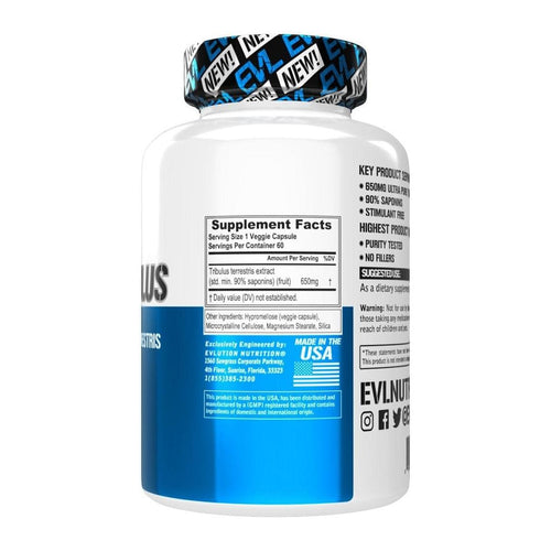 EVLution Nutrition 100% Tribulus 650mg – 60 Veggie Capsules, supplement facts panel