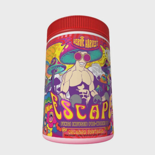 Colorful container labeled 'Heroic Harvest Escape' on a white background