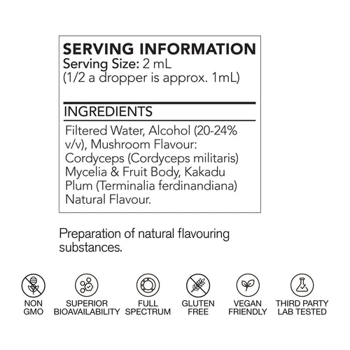 life cykel Cordyceps+ Liquid Extract, AU serving information panel