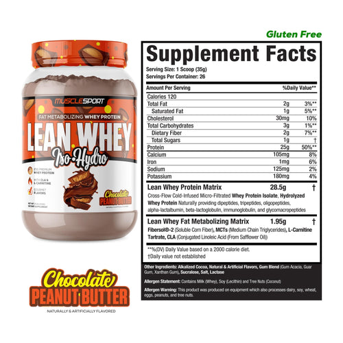 MuscleSport Lean Whey Iso Hydro Protein 2LB, supplement facts panel