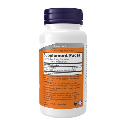 NOW Foods Acetyl-L-Carnitine 500mg – 100 Veg Capsules, supplement facts panel