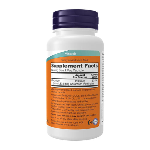 Chromium Picolinate, 200 mcg, 100 veg caps by NOW Foods, supplement facts panel