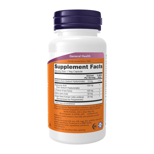 Double STR NOW Foods, Hyaluronic Acid, 100 mg, 60 Veg Capsules, supplement facts panel