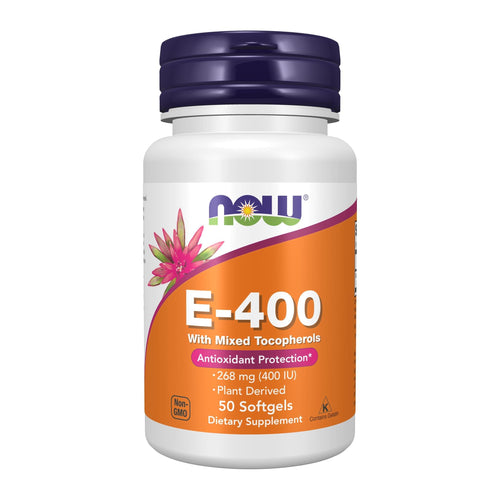 NOW Foods, E-400, 268 mg (400 IU), 50 Softgels, front of bottle