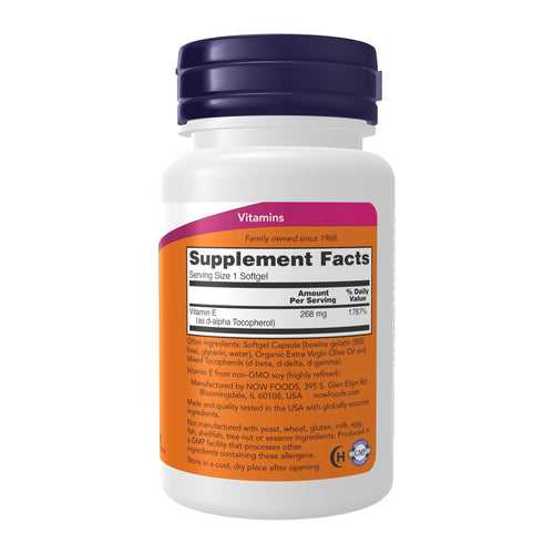 NOW Foods, E-400, 268 mg (400 IU), 50 Softgels, supplement facts panel