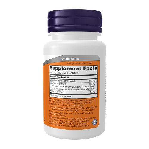 Glutathione 500MG 30 Veg Capsules by NOW, supplement facts panel