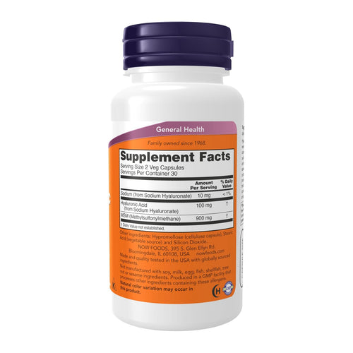 Hyaluronic Acid 50mg Joint Support by NOW, supplement facts panel