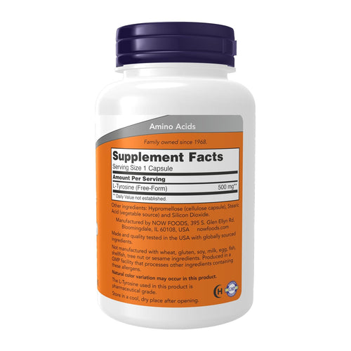 NOW Foods, L-Tyrosine, 500 mg, 120 Capsules, supplement facts panel