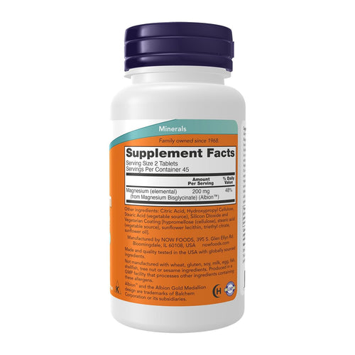 Magnesium Glycinate, NOW FOODS, 200mg per serv, 90 tablets, supplement facts panel