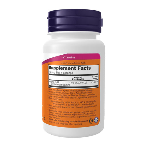 Now Foods Methyl B-12 1000 mcg 100 Lozenges, supplement facts panel