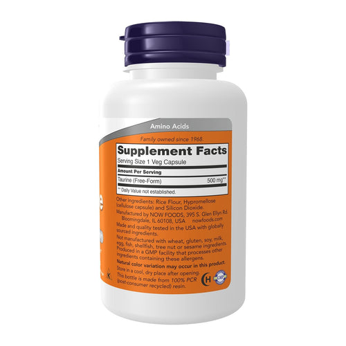 Taurine 500mg 100 VEG Capsules by NOW, supplement facts panel