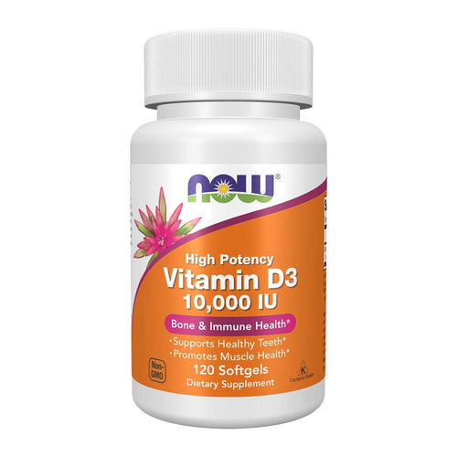 Vitamin D3 10,000 IU By NOW, front of 120 softgel bottle