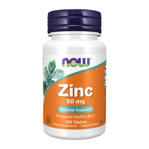 Zinc 50 mg by Now Foods, front of 100 tablet bottle