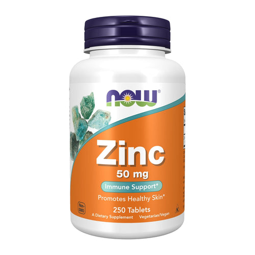 Zinc 50 mg by Now Foods, front of 250 tablet bottle