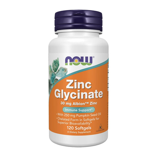 NOW Foods, Zinc Glycinate, 120 Softgels, front of bottle