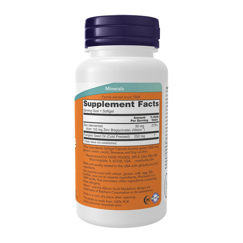 NOW Foods, Zinc Glycinate, 120 Softgels, supplement facts panel