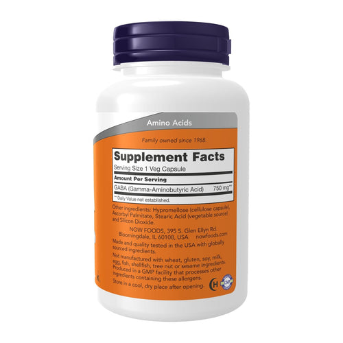 NOW GABA 750 mg,100 Veg Capsules, supplement facts panel