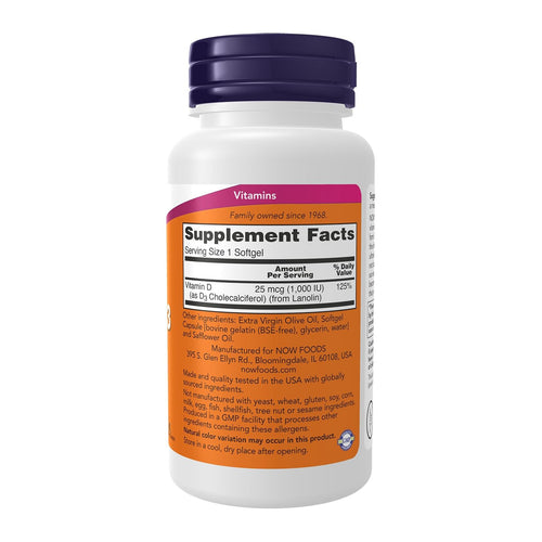 NOW Supplements, Vitamin D-3 1000 IU (180 soft gels), supplement facts panel