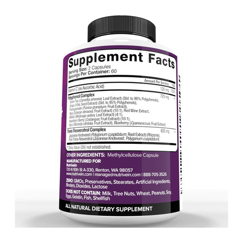 Nutrivein Resveratrol 1450mg Antioxidant Supplement, supplement facts panel