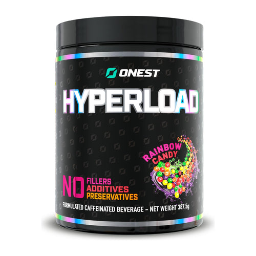 Onest Hyperload Explosive Pre-Workout 387.5 g, Rainbow Candy tub front