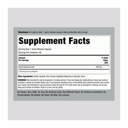Butea Superba, 420 mg, 90 Count By Piping Rock, supplement facts panel