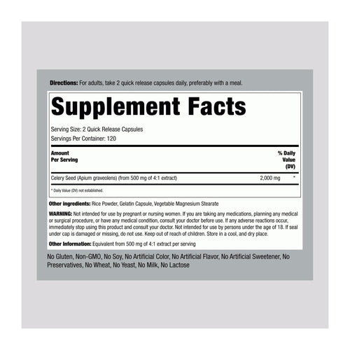 Celery Seed, 2000 mg (per serving), 240 Count By Piping Rock, supplement facts panel