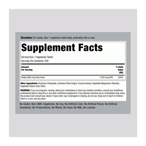 Folic Acid, 800 mcg, 250 Tablets BY Piping Rock, supplement facts panel