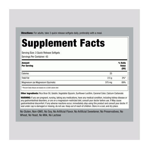 Premium Magnesium Glycinate by Piping Rock 375 mg, supplement facts panel