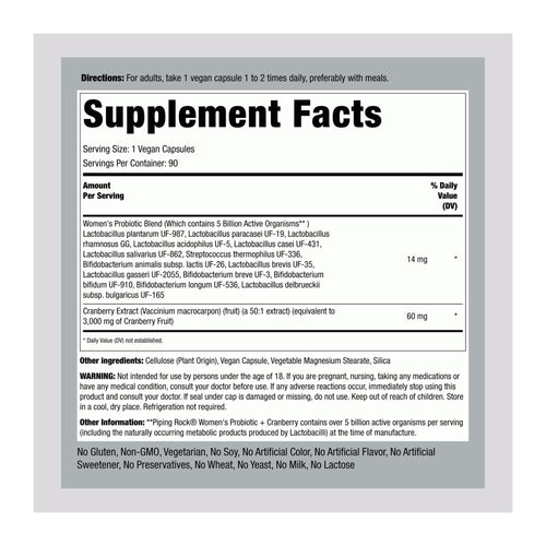 Women’s Probiotic + Cranberry by Piping Rock, supplement facts panel