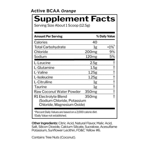 R1 Active BCAA - 30 Serves, supplement facts panel