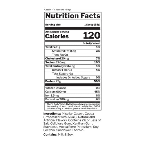 Rule 1 R1 Casein Micellar Casein Protein, nutrition facts panel (Chocolate Fudge)